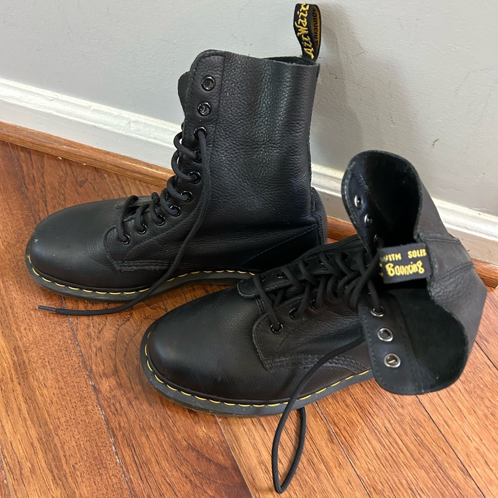 Dr. Martens Black Leather Ankle Boots with Yellow Stitching